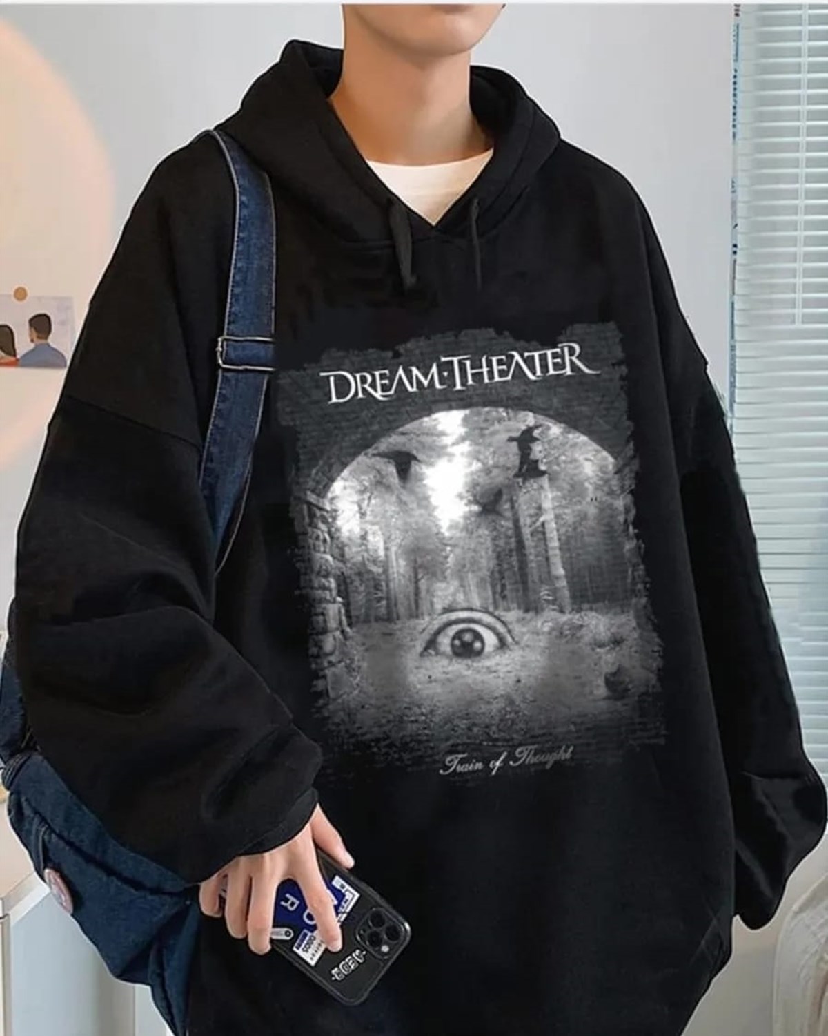 Siyah Renk Dream Theatre Büyük Baskılı Rock-Metal Serisi Içi Polar Kapüşonlu Hoodie