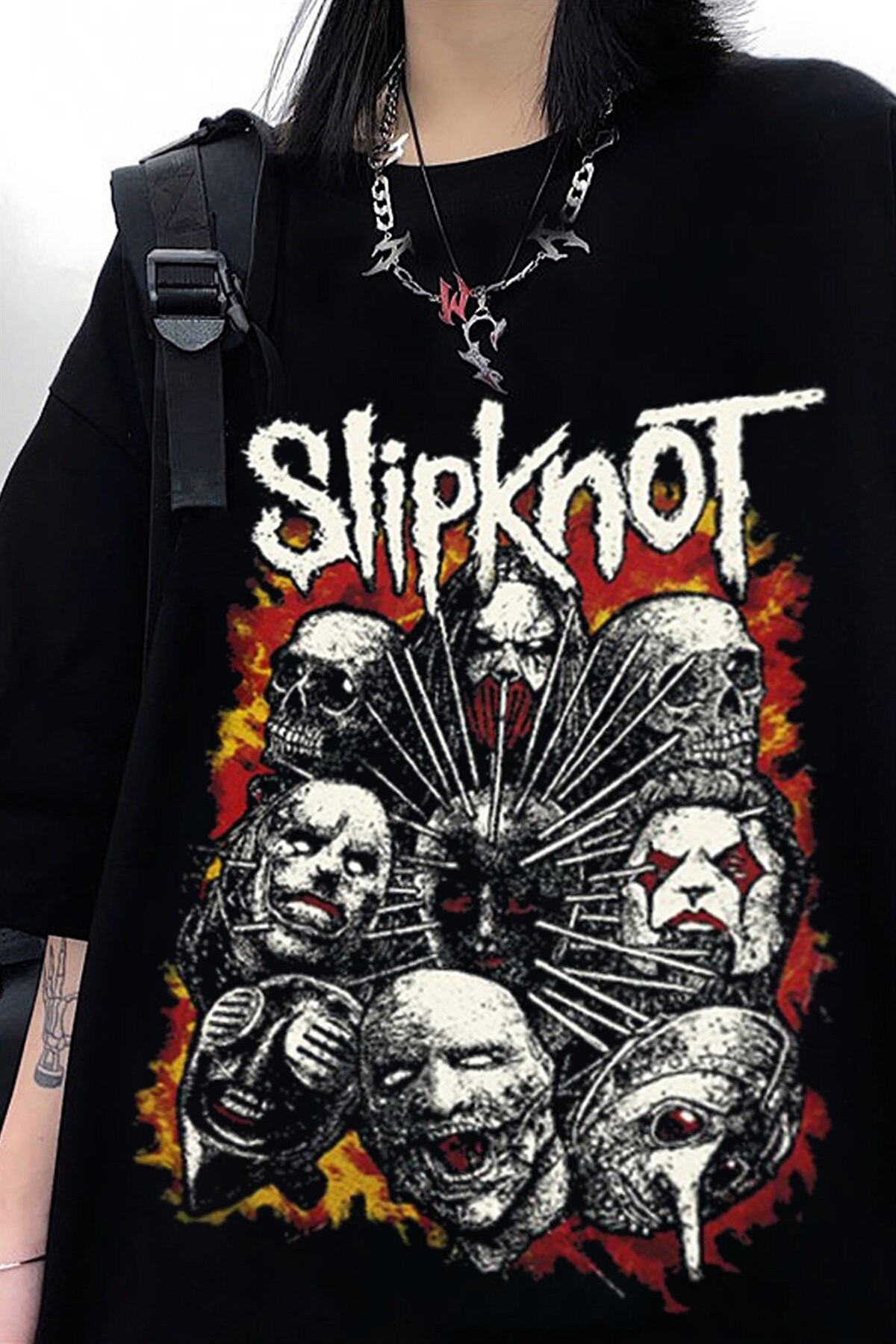 Siyah Renk Slipknot Baskılı Geniş Kesim Unisex T-shirt