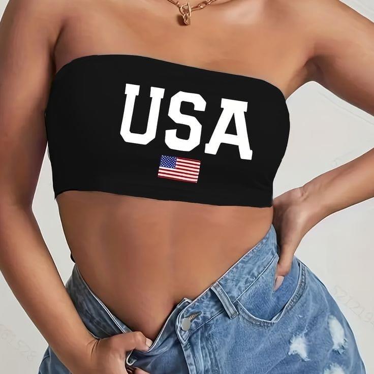 Siyah USA Baskılı Likralı Pamuklu Penye Straplez 