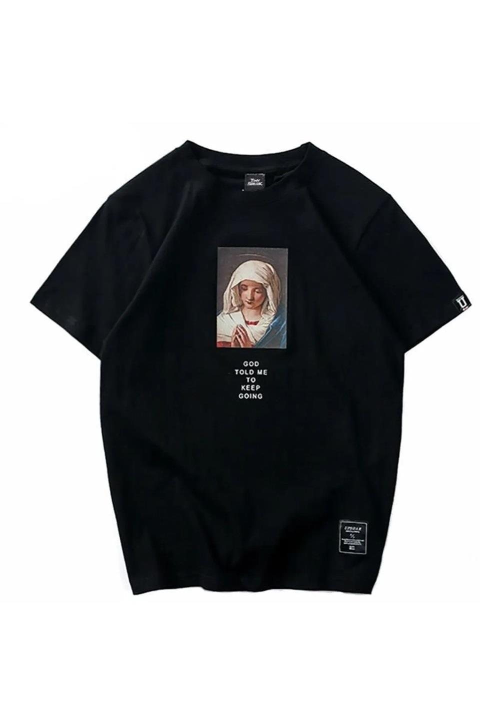 Siyah Virgin Mary Baskılı Oversize T-Shirt