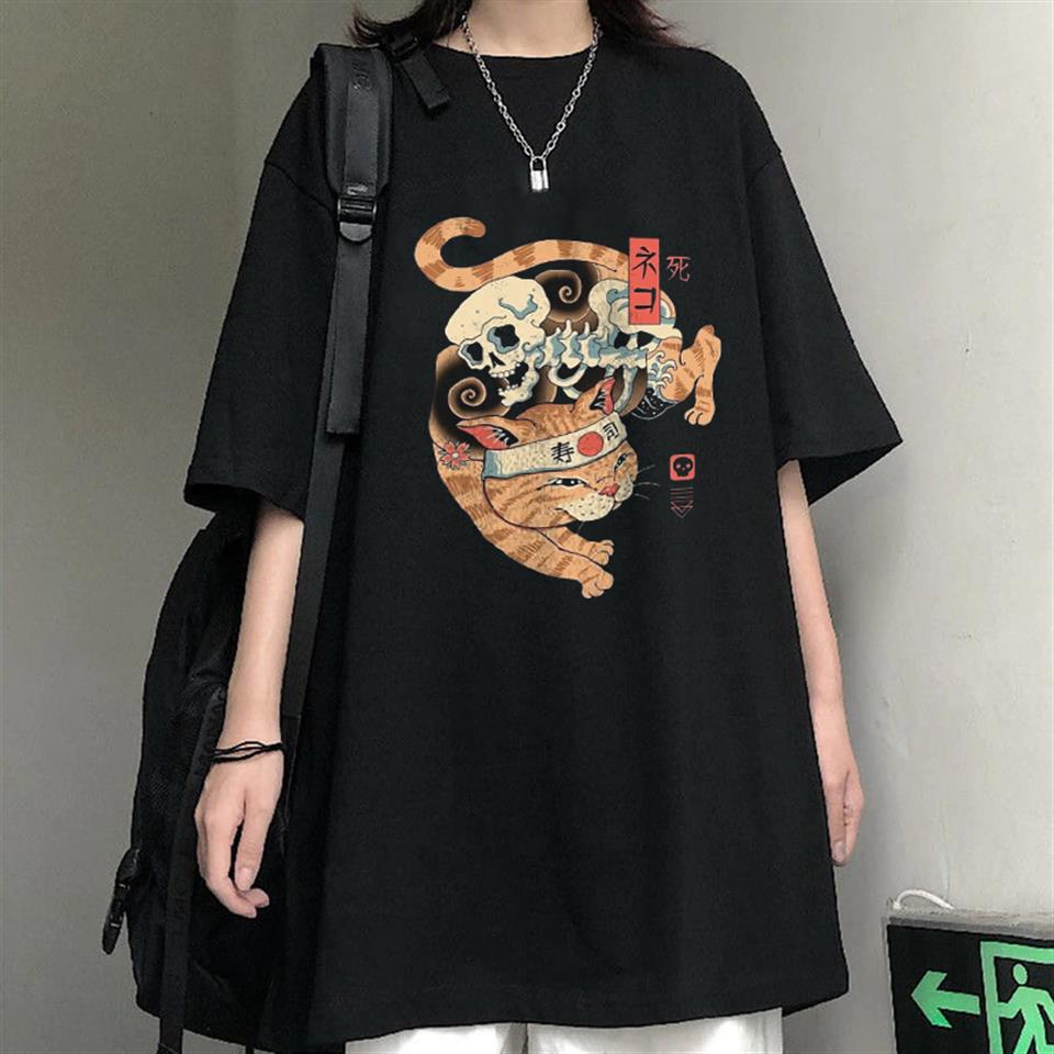 Skeleton Cat Siyah Unisex Oversize T-shirt