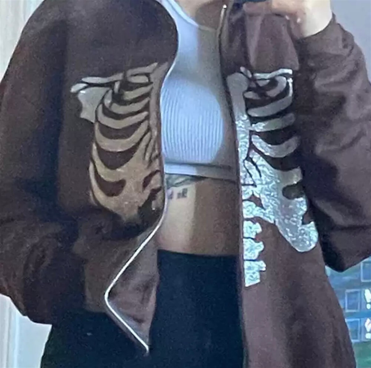 Skeleton Kahverengi Kalın Pamuklu (Unisex) Fermuarlı Kapşonlu