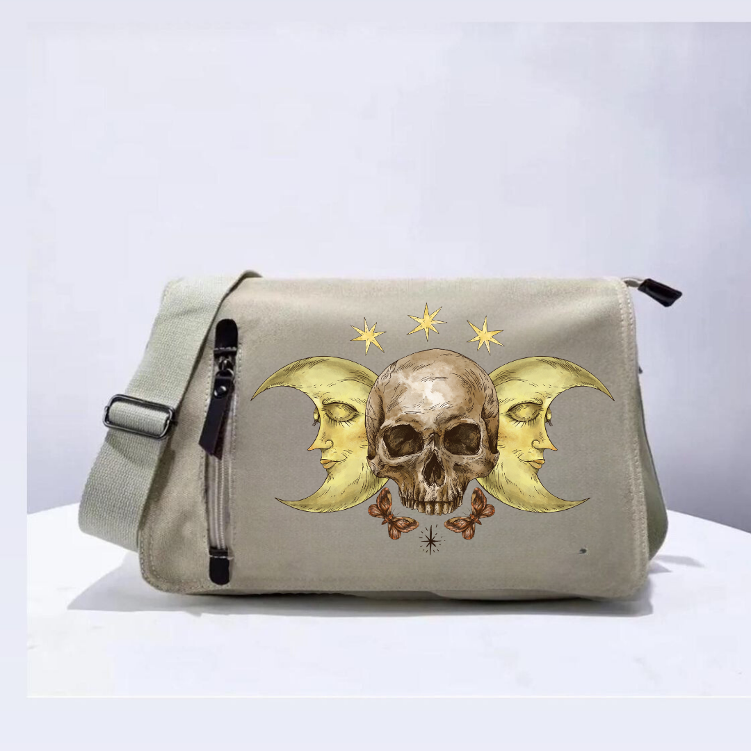 Skull And Moon Unisex Bej Postacı Çantası