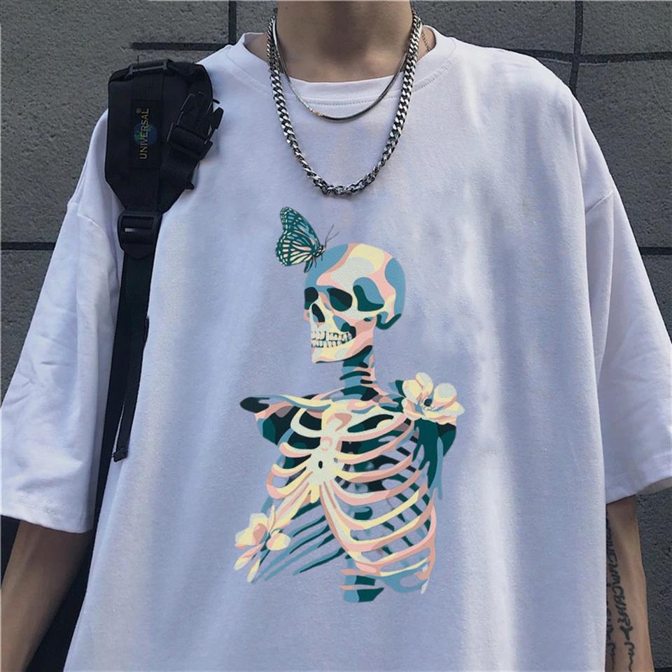 Skull Butterfly Baskılı Beyaz Unisex Oversize T-shirt