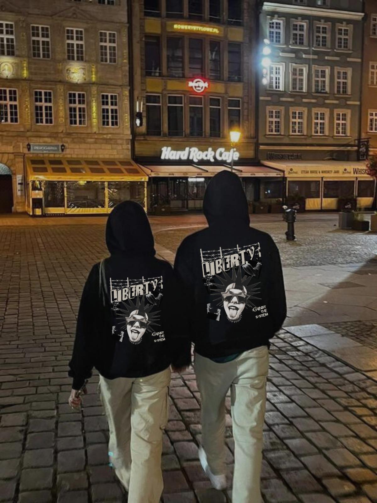 Slagon Baskılı Siyah Kapşonlu Sweatshirt 