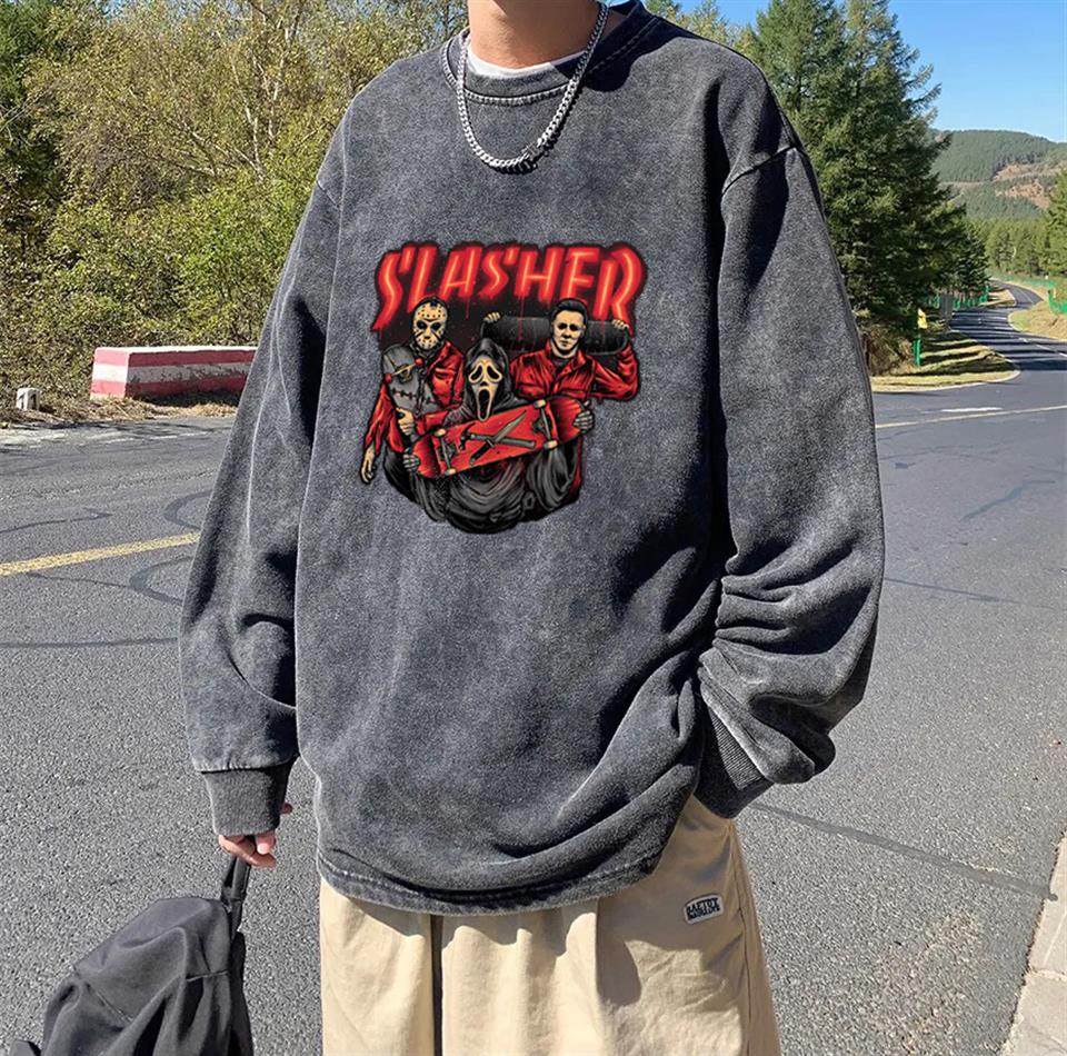 Slasher Baskılı Yıkamalı Vintage Unisex Oversize Bisiklet Yaka Sweatshirt
