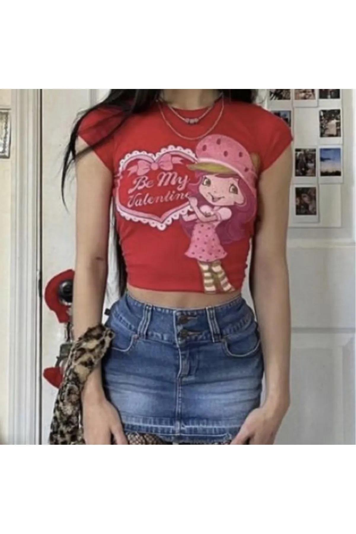 Slogan Baskılı Kırmızı Crop Bluz