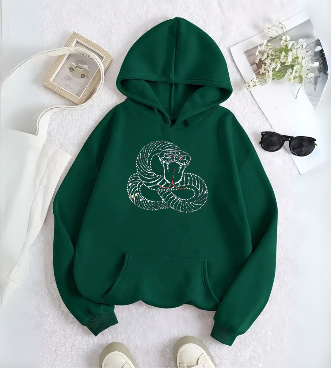 Snake Web Taş İşleme Detail Baskılı Kapşonlu Sweatshirt