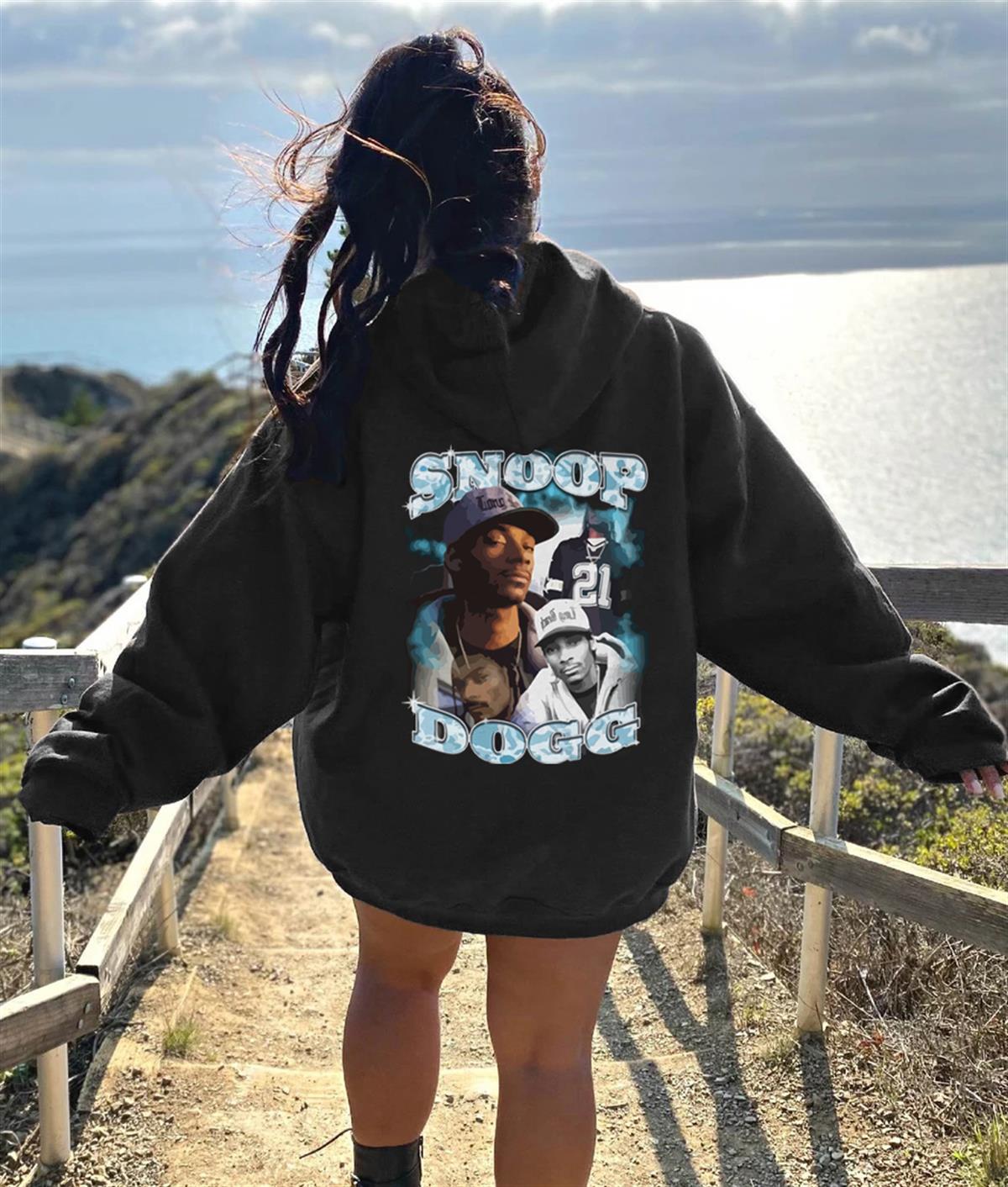 Snoop Dogg Baskılı Siyah Unisex Oversize Kapüşonlu Sweatshirt