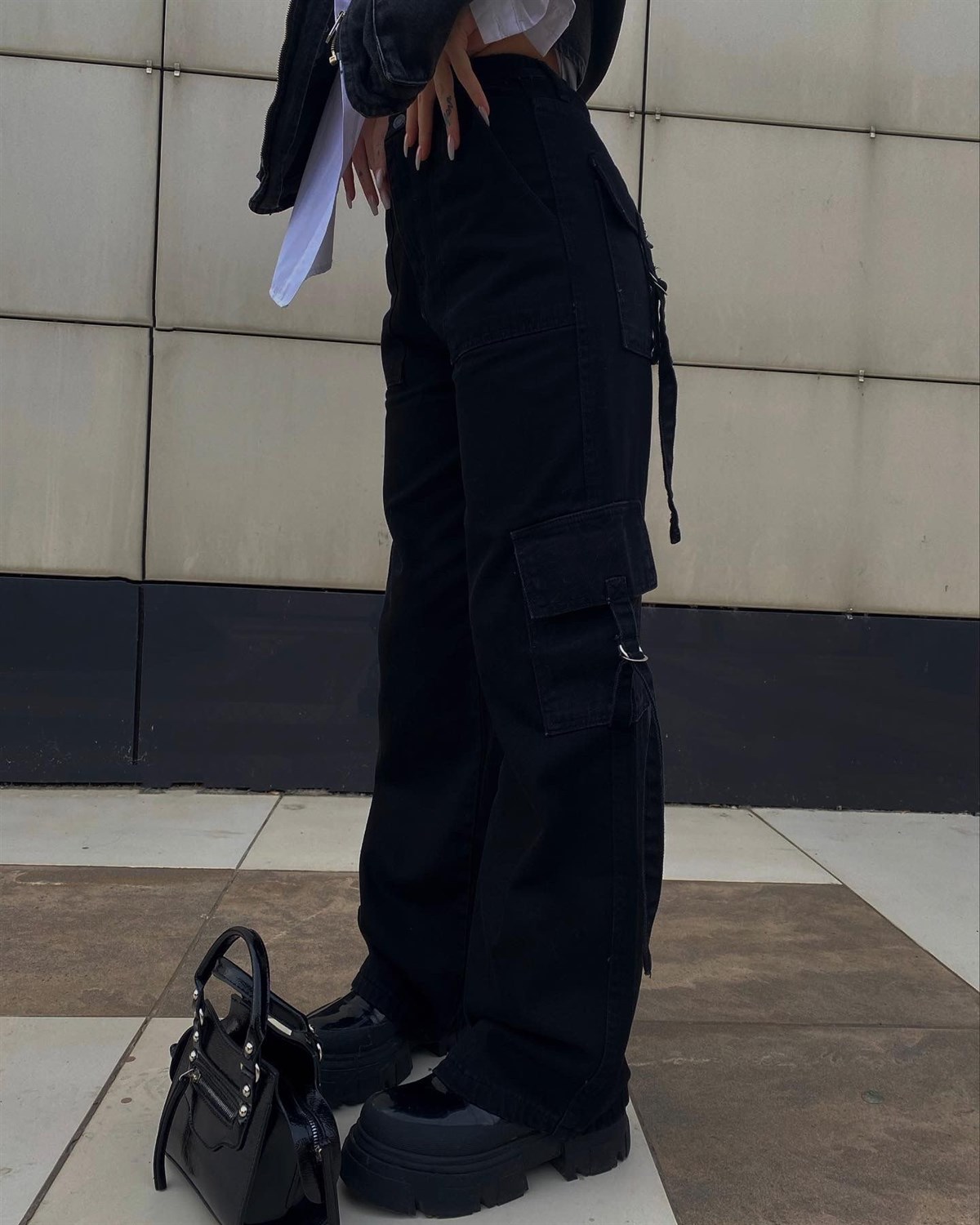 Sokak Tarzı Baggy Unisex Siyah Kargo Pantolon