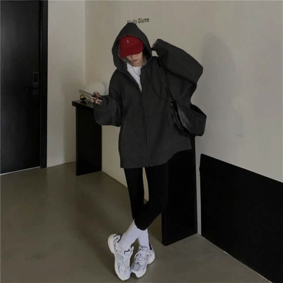 Sokak Tarzı Düz Oversize Antrasit Unisex Kapşonlu Hırka