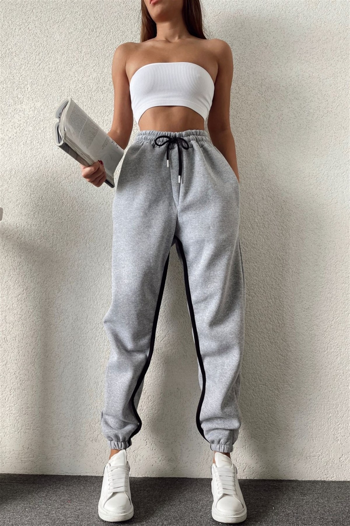 Sokak Tarzı Gri Şeritli Üç İplik Unisex Oversize Eşofman