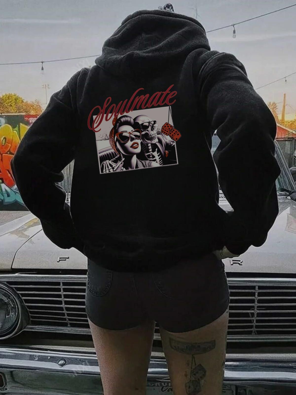 Soul Mate Baskılı Siyah Kapşonlu Sweatshirt 
