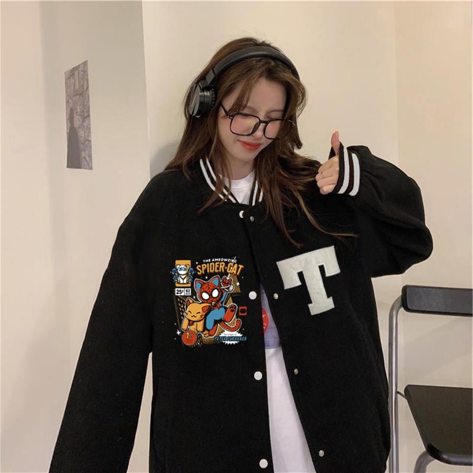 Spider-Cat Baskılı Unisex Oversize Siyah Kolej Ceket