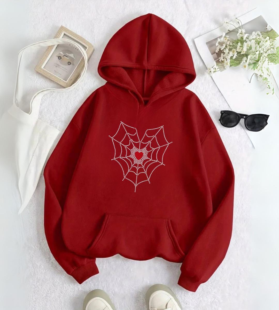 Spider Heart Taş İşleme Detail Baskılı Kırmızı Kapşonlu Sweatshirt