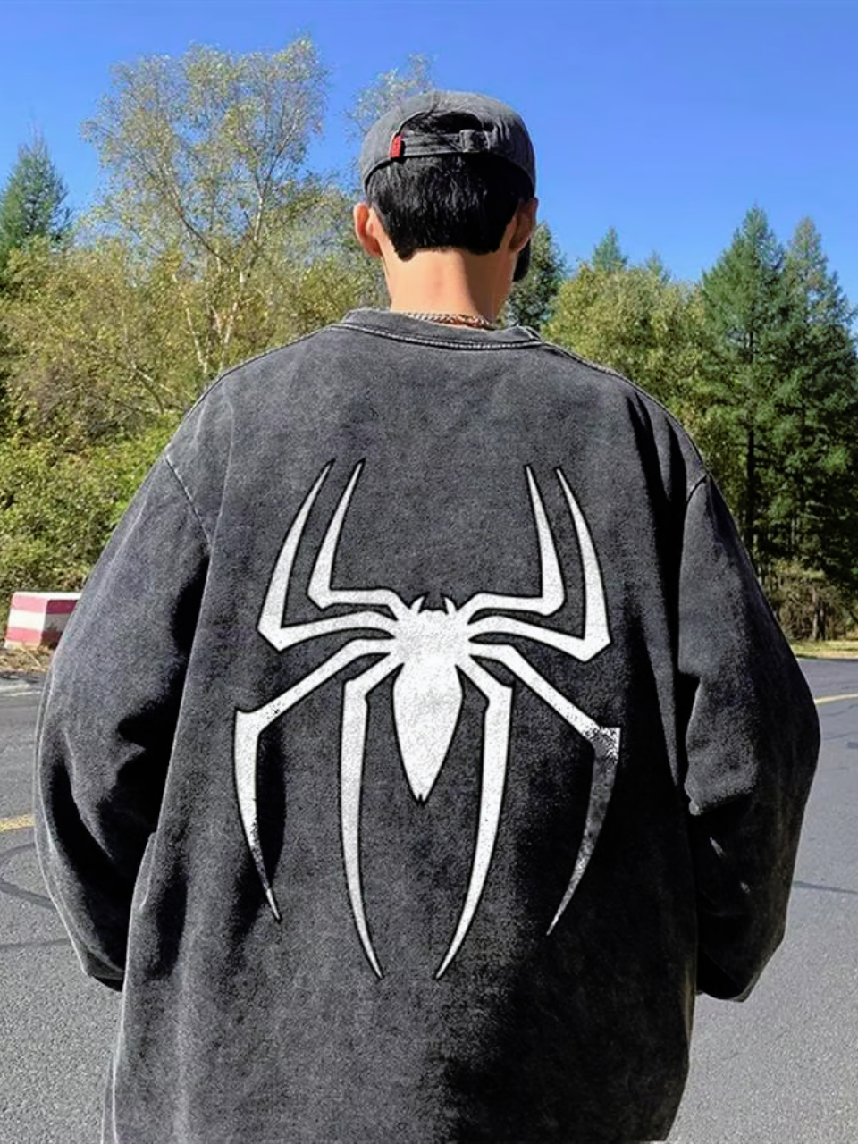 Spider Sırt Baskılı Yıkamalı Vintage Unisex Oversize Bisiklet Yaka Sweatshirt
