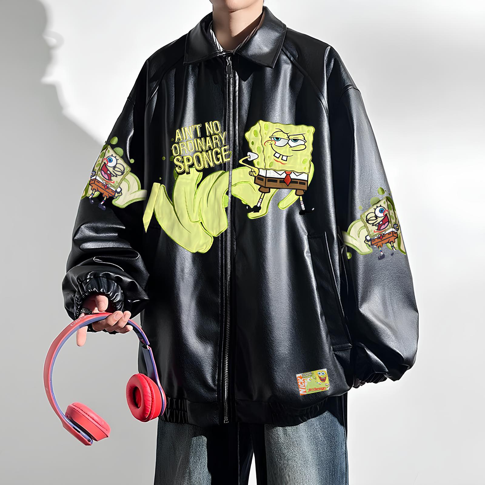 SpongeBob SquarePants Siyah Oversize Unisex Astarlı Deri Ceket