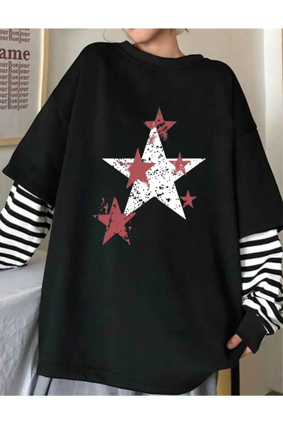 Star Baskılı Unisex Fake Uzun Kollu Siyah T-Shirt