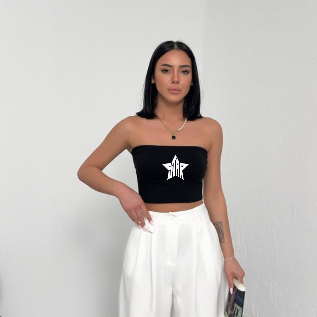 Star Detail Baskılı Likralı Pamuklu Penye Straplez 