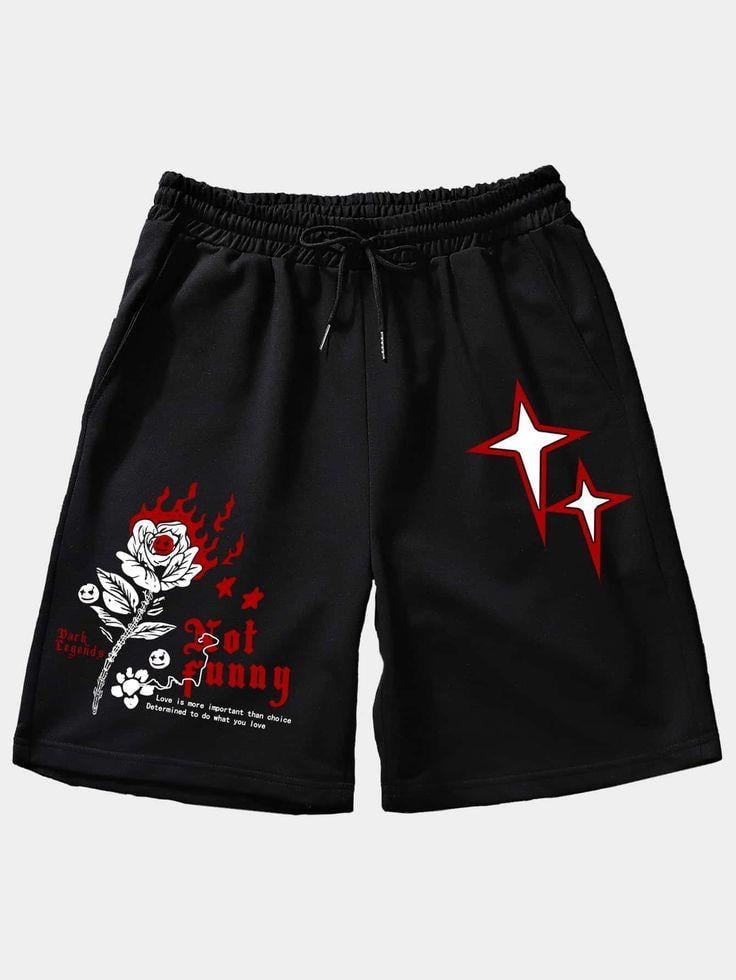 Star Rose Baskılı Gri Unisex Penye Şort