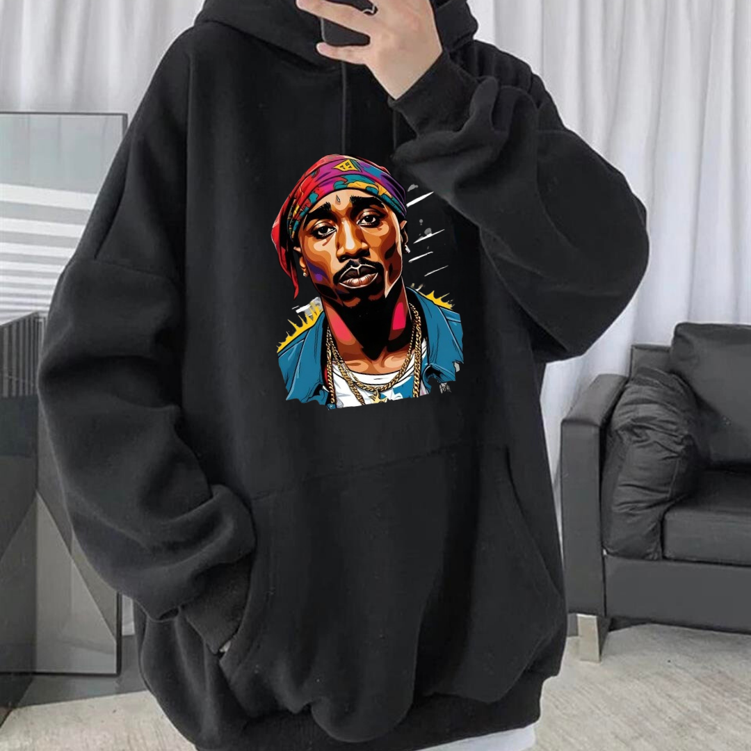 Street Wear Tupac Shakur Baskılı Oversize Unisex Siyah Kapşonlu Hoodie Sweatshirt
