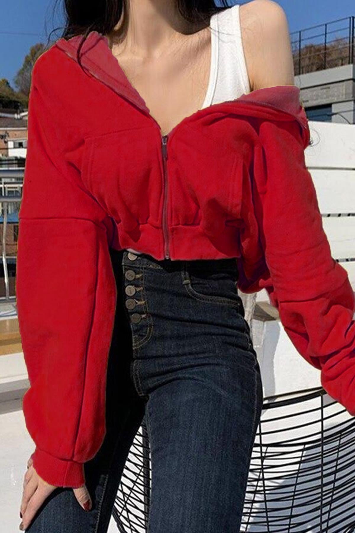 Streetwear Fermuarlı Uzun Kollu Bordo Crop Hırka