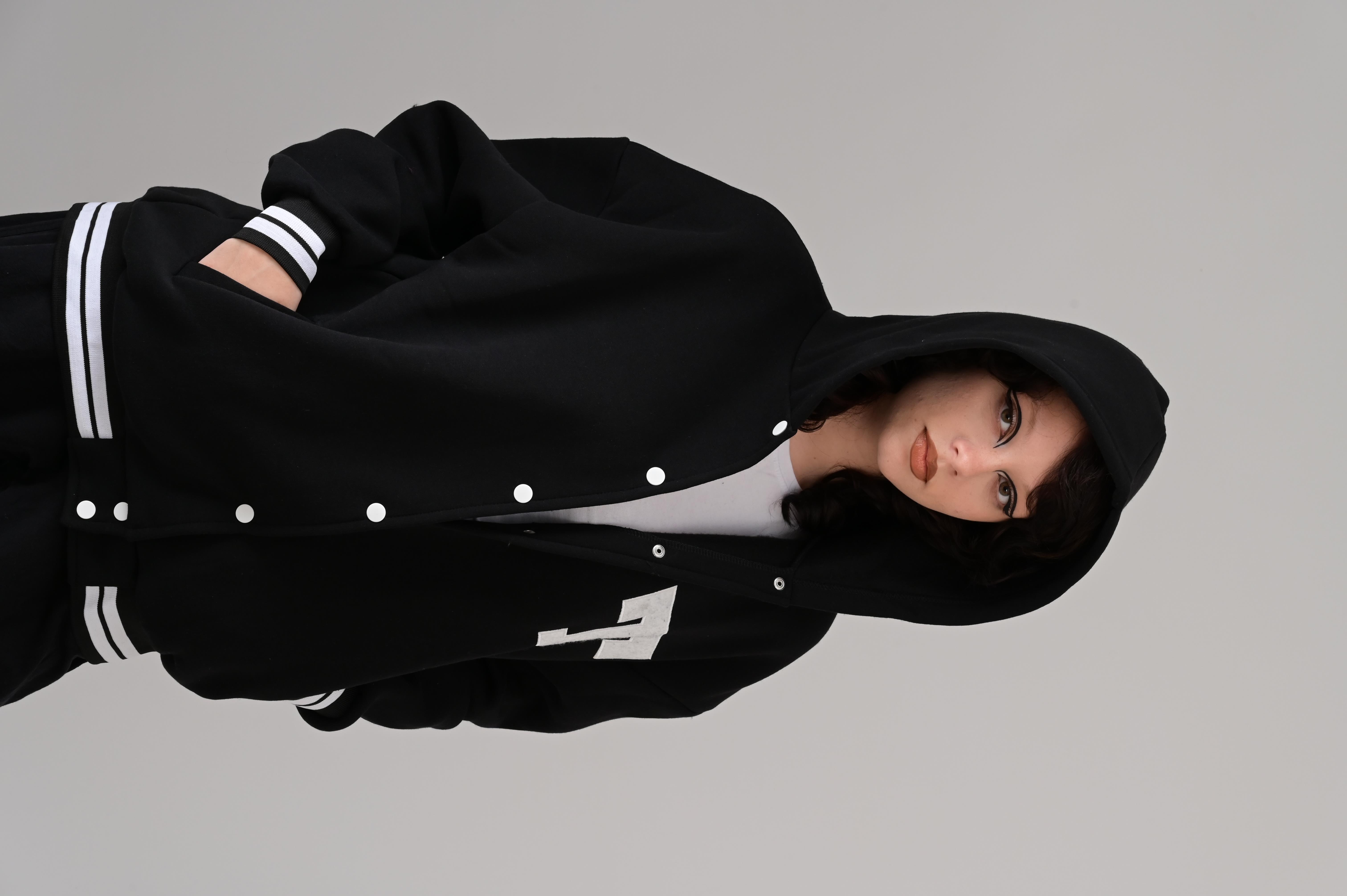 Streetwear T Nakış İşlemeli Unisex Oversize Kapüşonlu Siyah Kolej Ceket