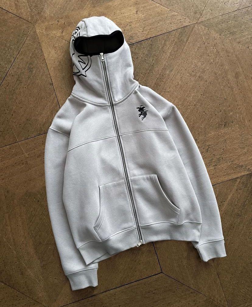 Streetwear Target Zip Nakış İşleme Oversize Beyaz Kapşonlu Sweatshirt Hırka