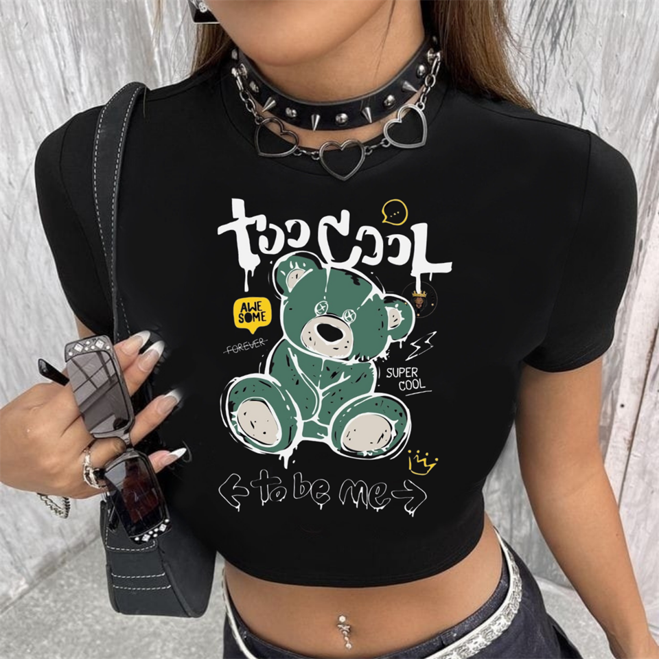 Super Cool Baskılı Siyah Crop