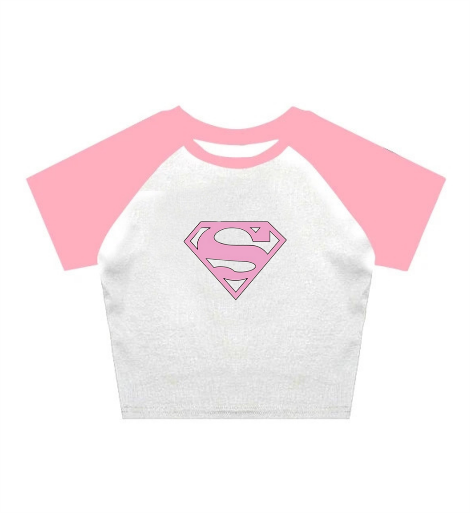 Super Girl Baskılı Reglan Kol Beyaz Crop