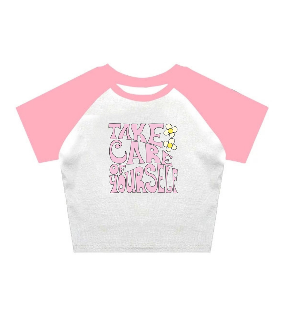 Take Care Of Yourself Baskılı Reglan Kol Beyaz Crop