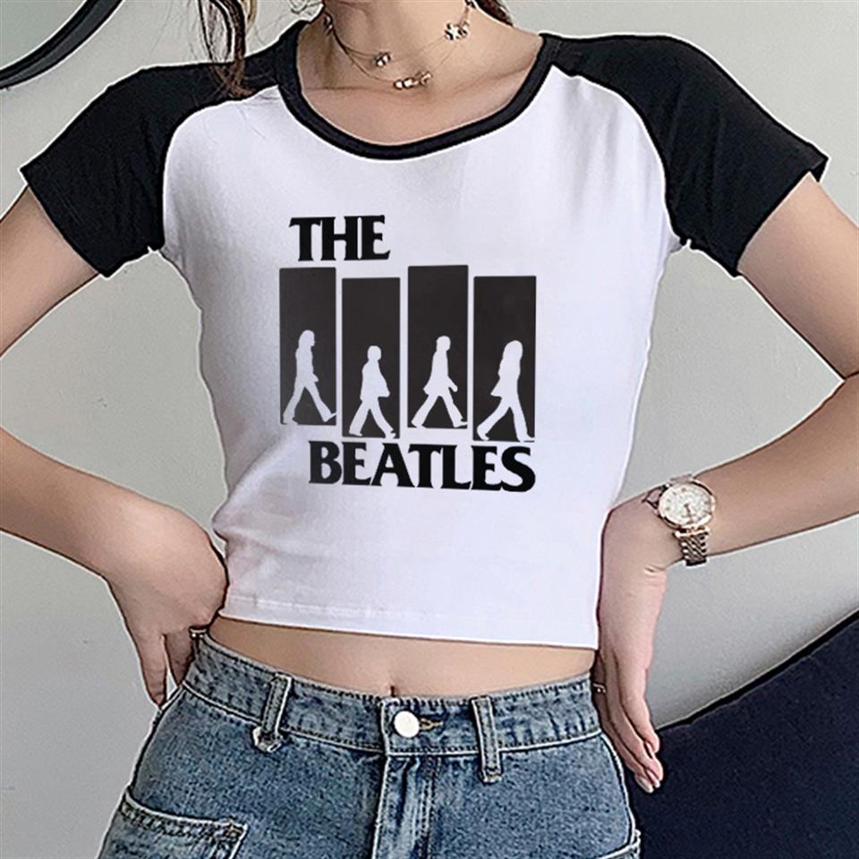 The Beatles Baskılı Reglan Kol Beyaz Crop