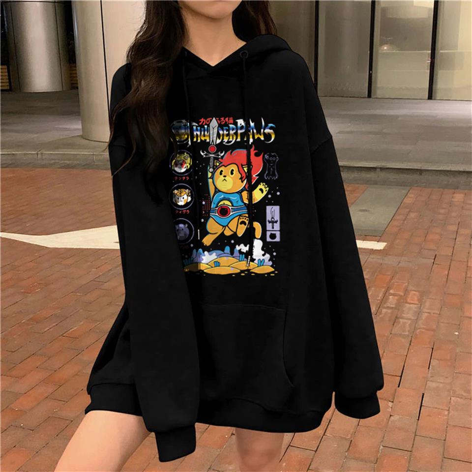 Thunder Paws Baskılı Siyah Unisex Oversize Kapüşonlu Sweatshirt