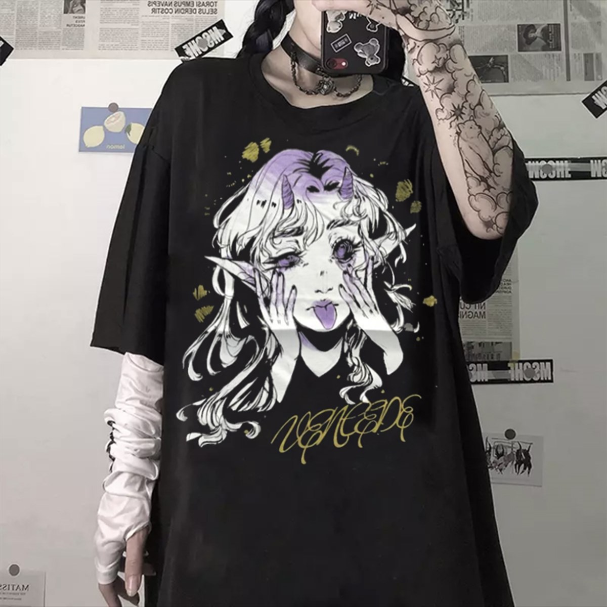 Touz Anime Aesthetic Gothic Punk Baskılı Unisex T-shirt