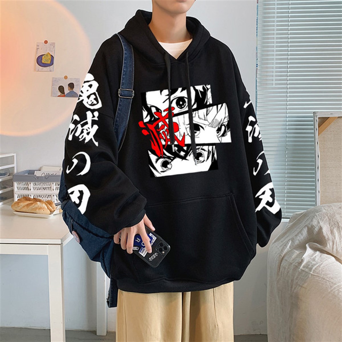Touz Anime Demon Slayer Eyes Siyah Kapşonlu Sweetshirt Hoodie