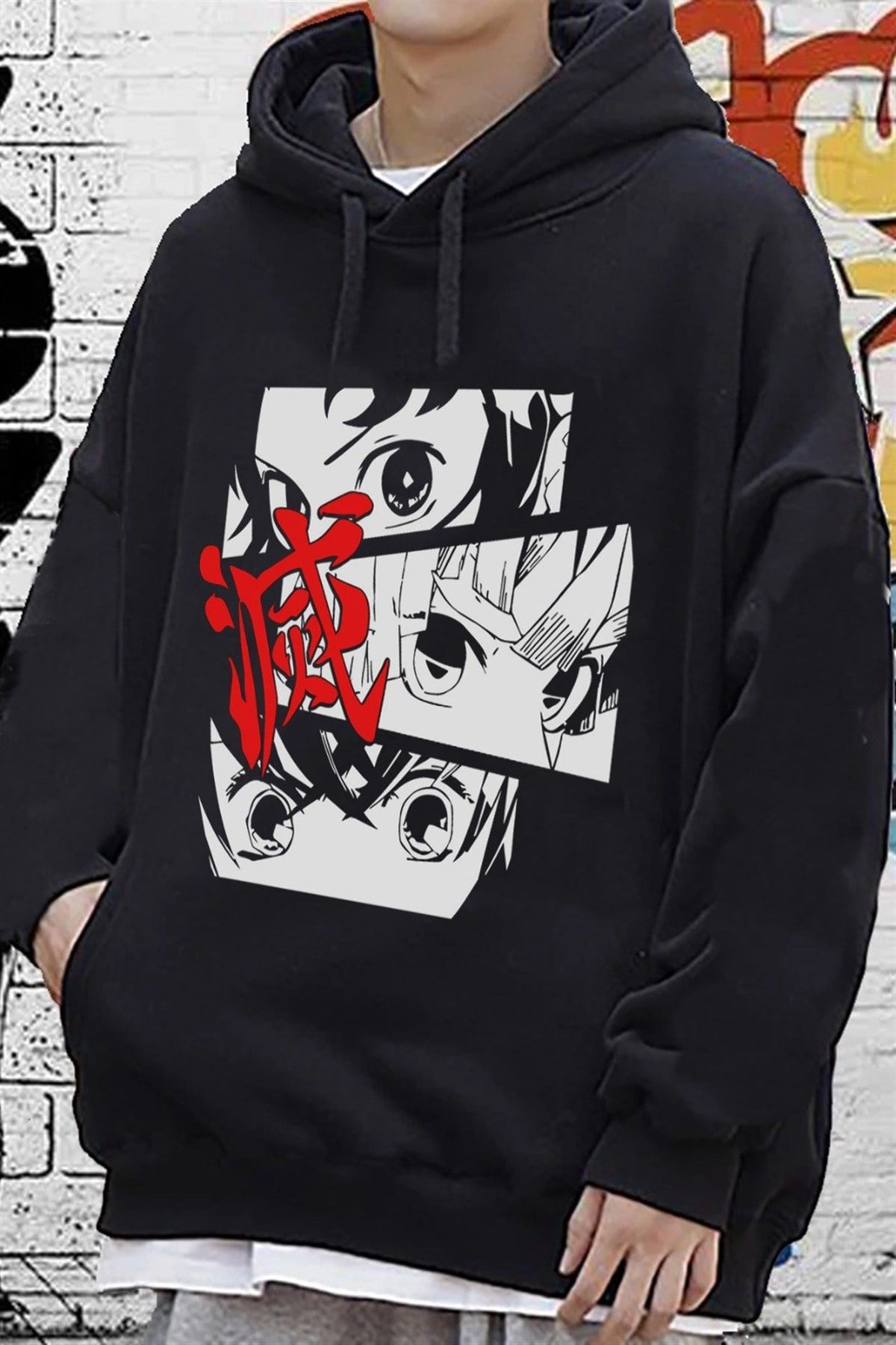 Touz Anime Demon Slayer Siyah Kapşonlu Sweetshirt Hoodie