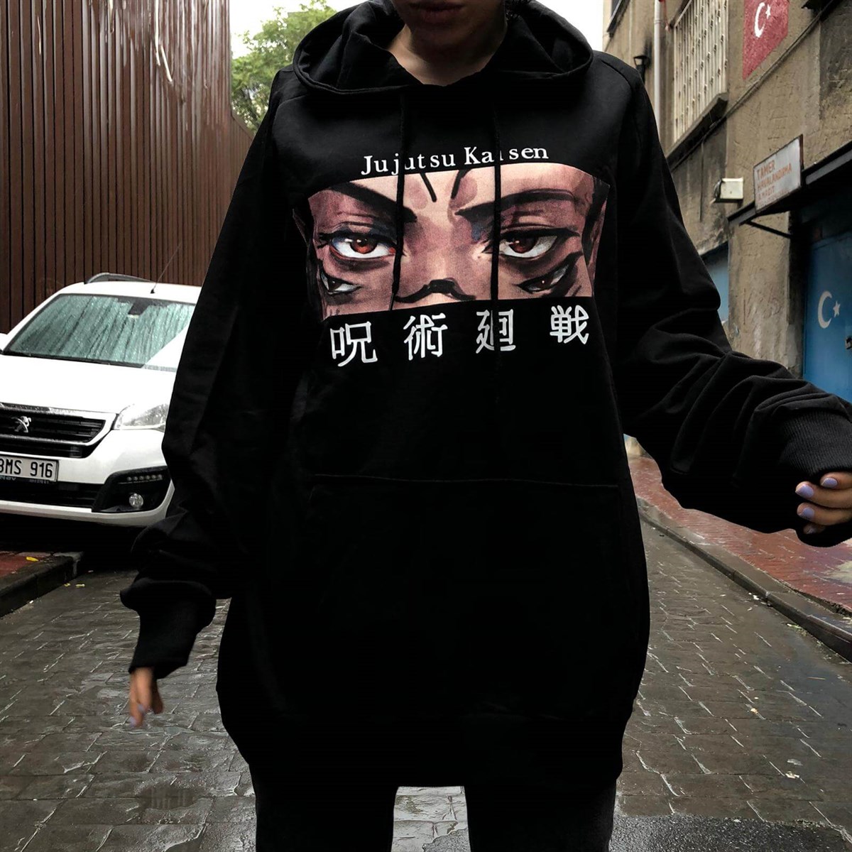 Touz Anime Jujutsu Kaisen - Wiki Eyes Siyah (Unisex) Kapşonlu