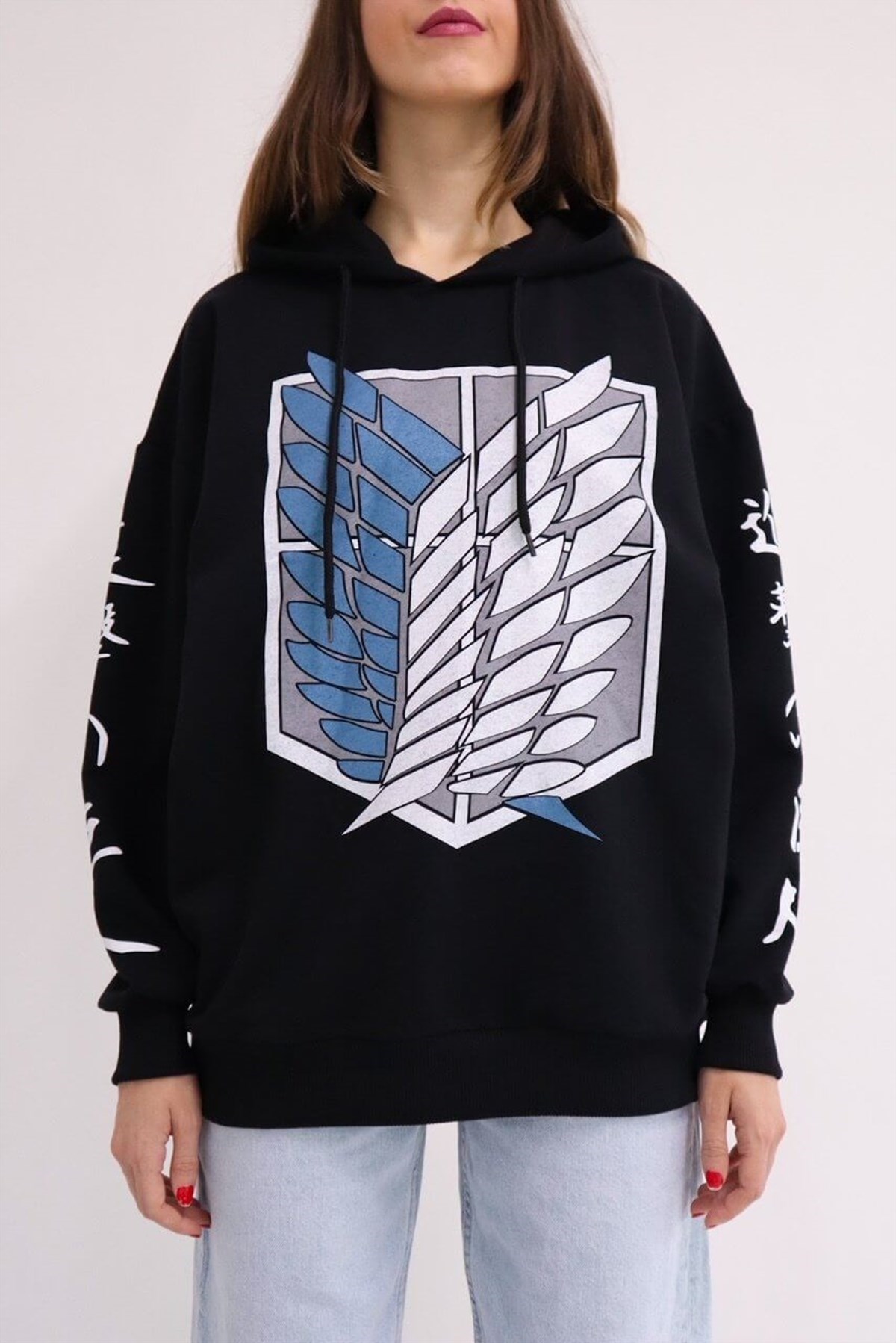 Touz Anime Mavi Attack On Titan Logo Siyah Kapüşonlu Sweatshirt