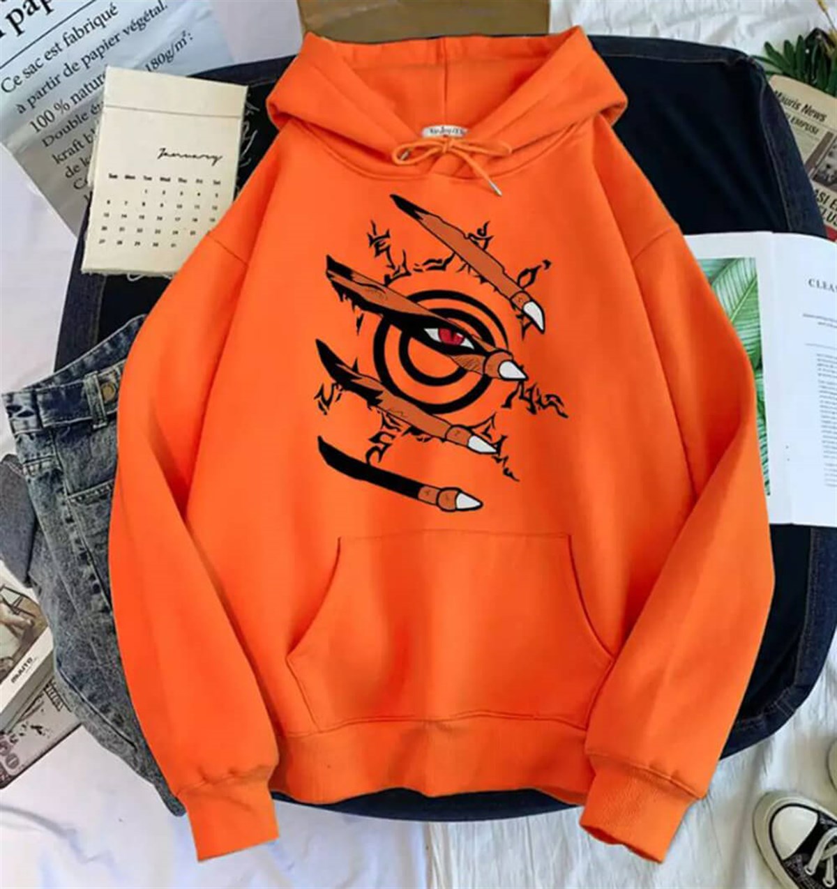 Touz Anime Naruto Kurama Ninjutsu Eyes (Unisex) Kapşonlu
