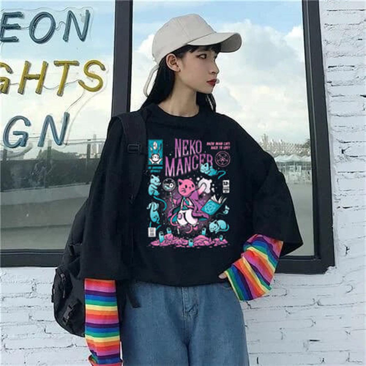 Touz Anime Neko Mancer Gökkuşağı Kollu T-shirt
