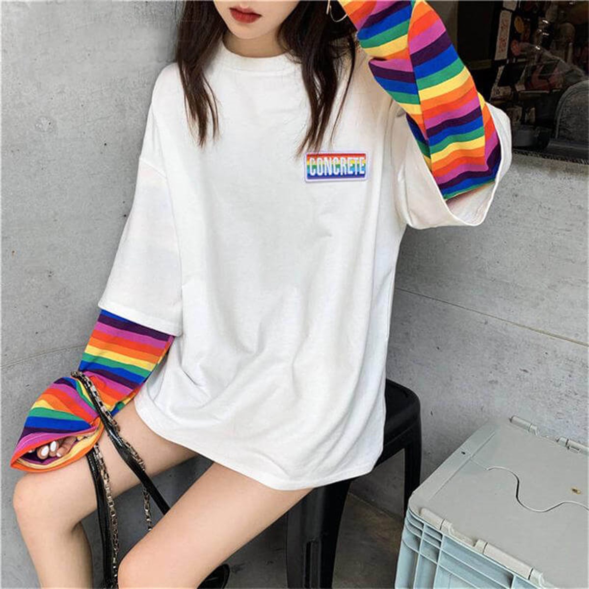 Touz Beyaz Concrete Unisex Gökkuşağı Kollu T-shirt