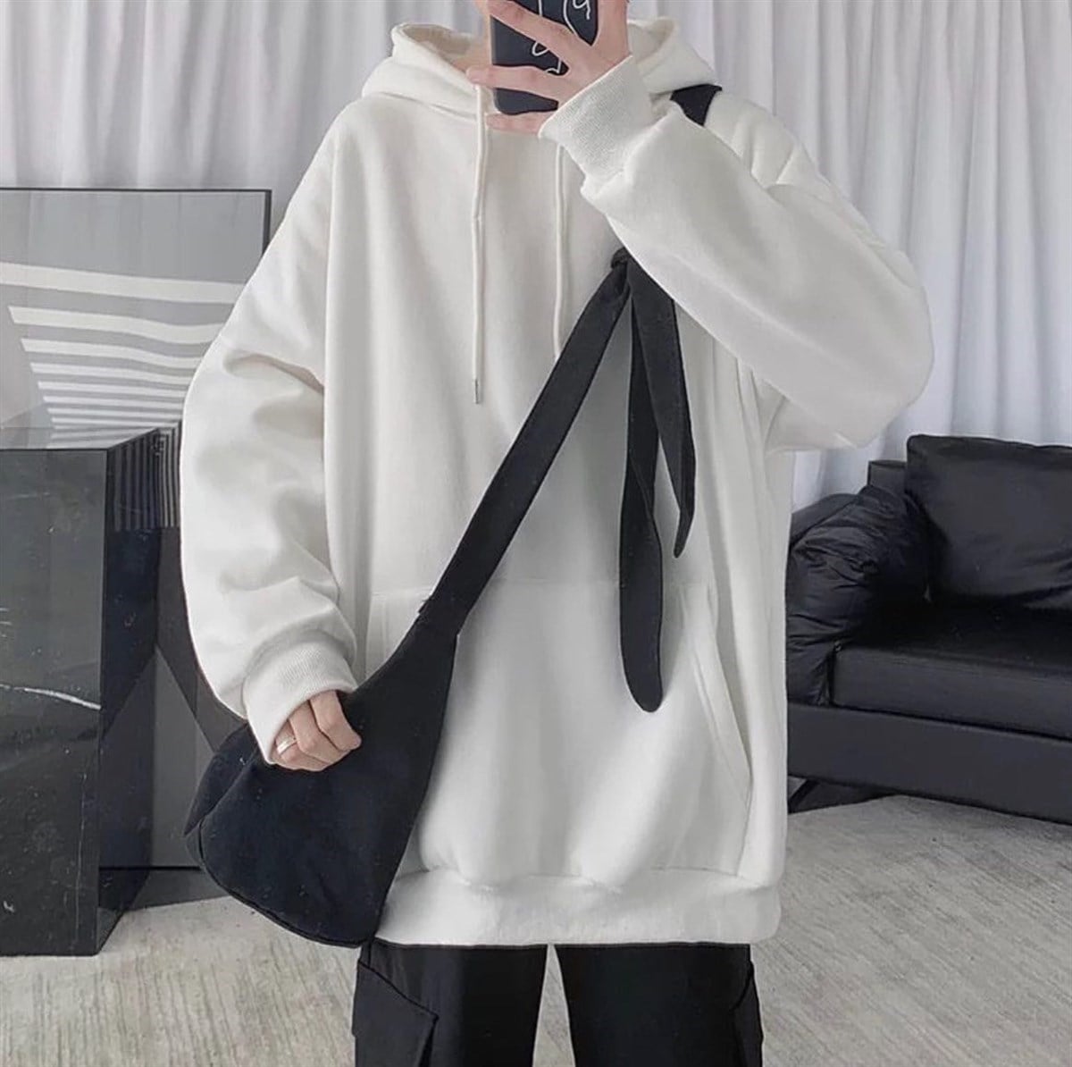 Touz Beyaz Kapşunlu Oversize Unisex Hoodie