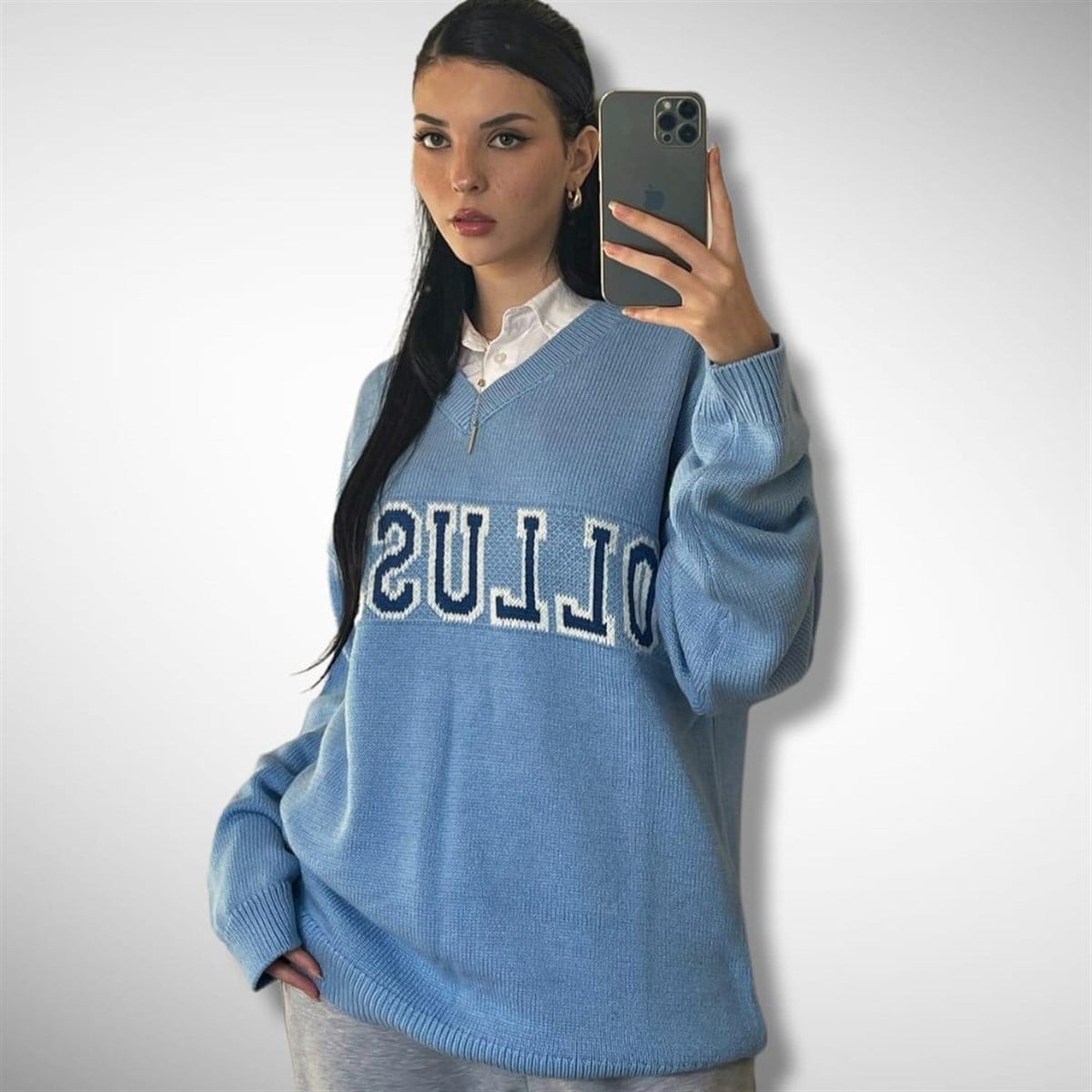 Touz Collusion Mavi Ön Arka İşlemeli Oversize Unisex Kazak