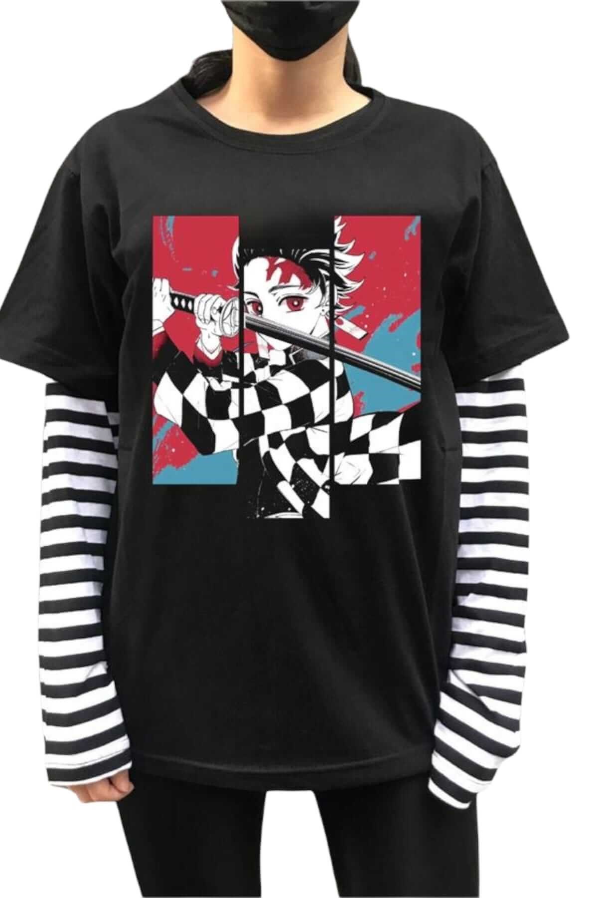 Touz Demon Slayer Tanjiro 3 Piece Çizgili Kollu Unisex T-shirt