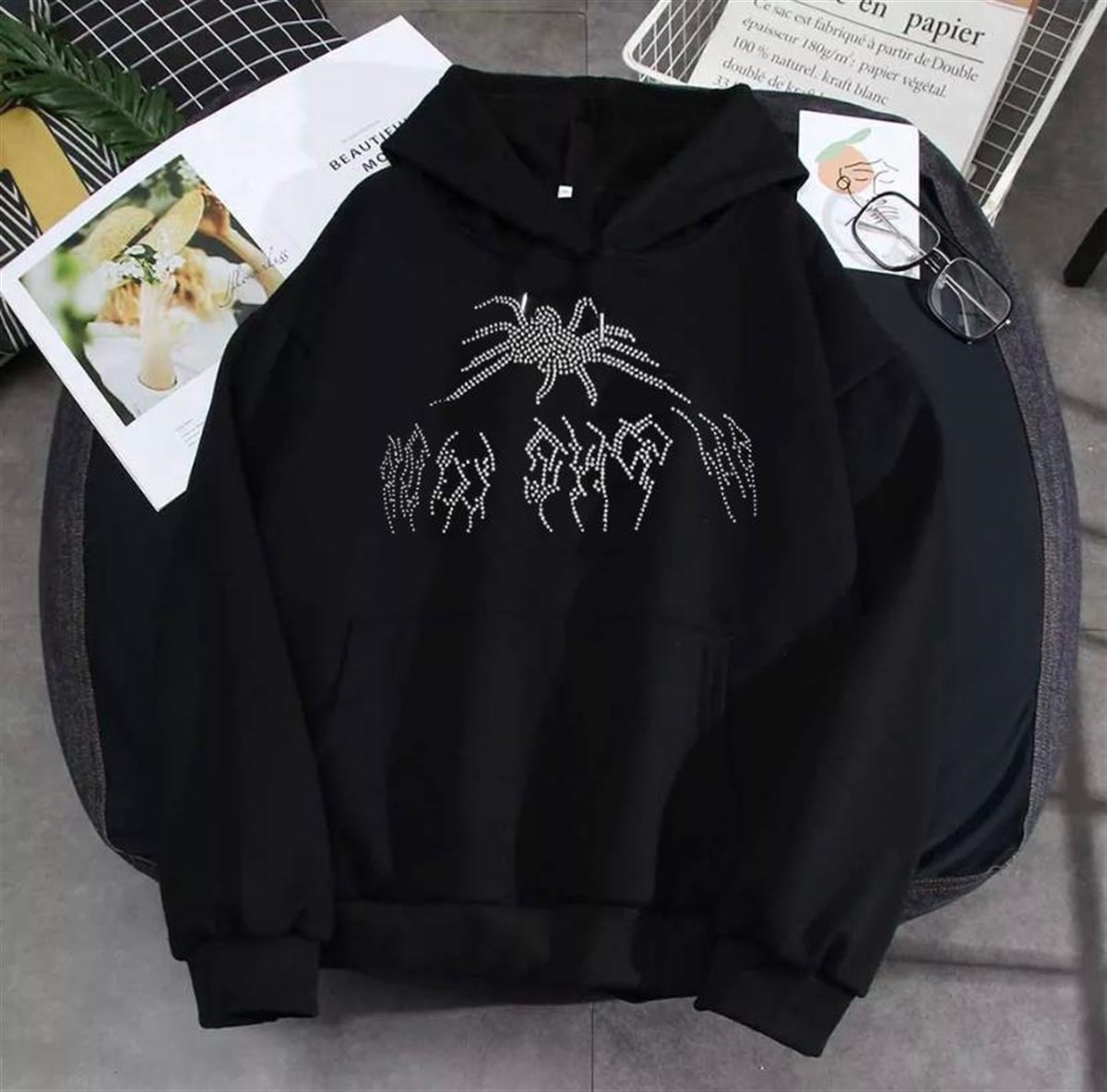 Touz Gothic Taşlı Spider Kapüşonlu Hoodie