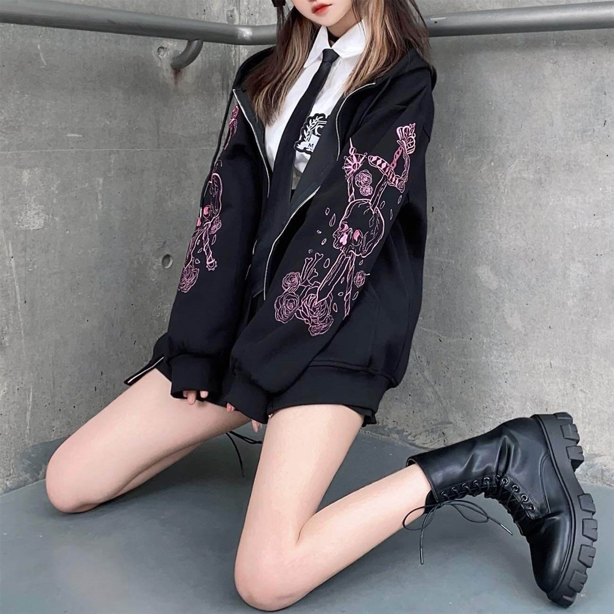 Touz Harajuku Kawaii Pastel Gothic Siyah (Unisex) Fermuarlı Kapşonlu