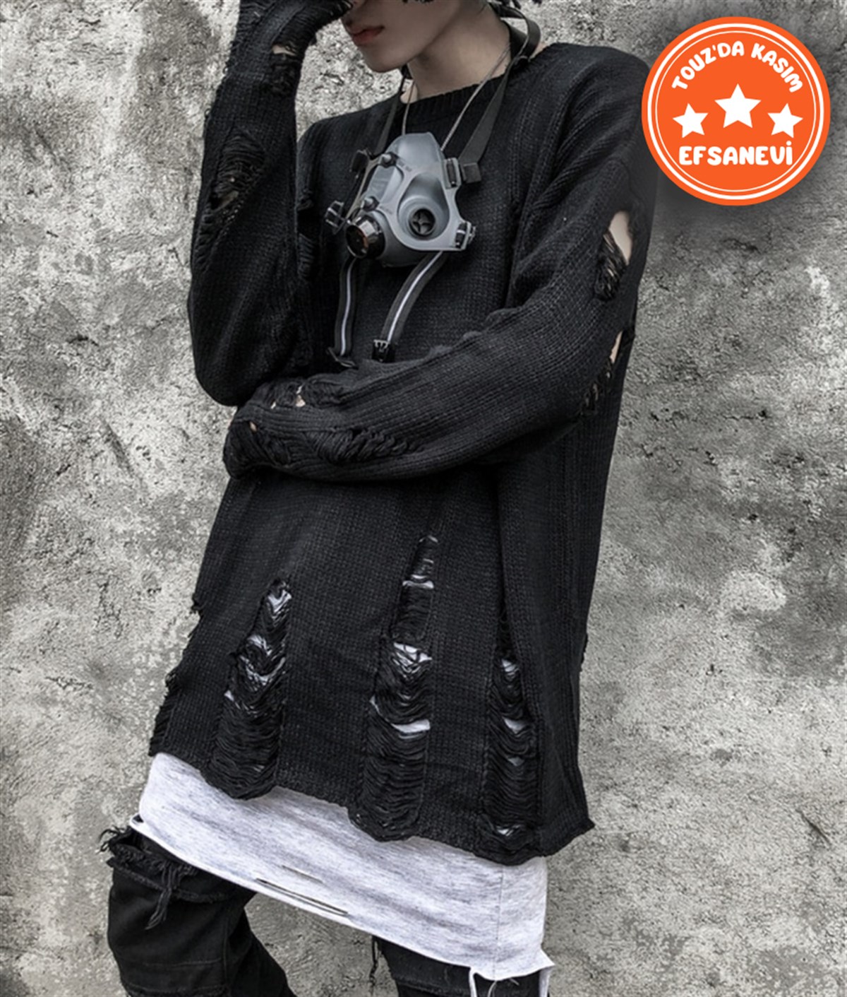 Touz Harajuku Oversize Unisex Yırtıklı Siyah Kazak