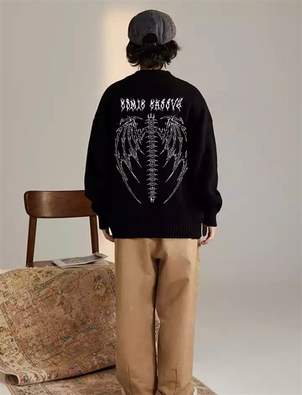 Touz Harajuku Siyah Tribal Ön Arka İşlemeli Oversize Unisex Kazak