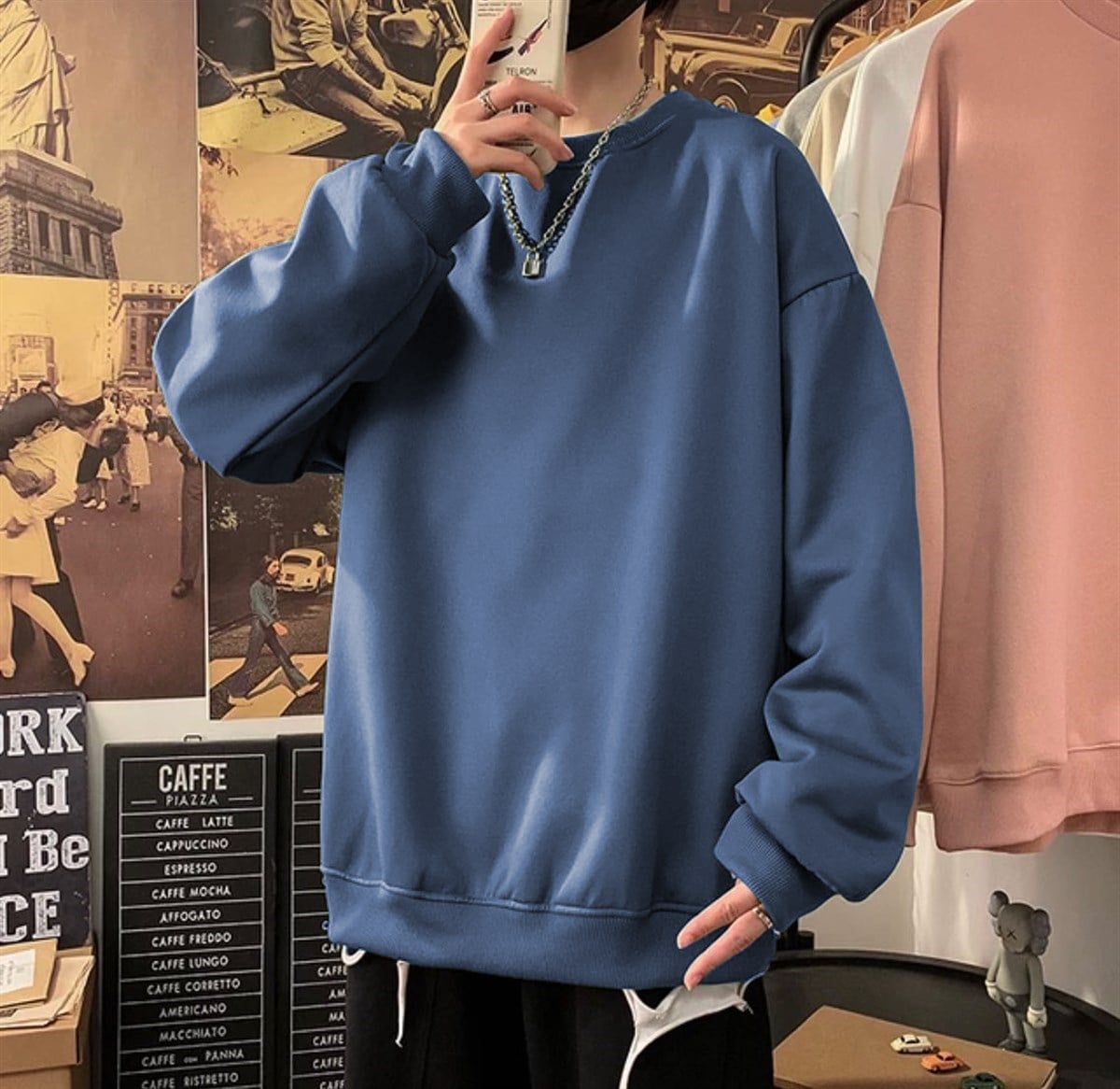 Touz Mavi Bisiklet Yaka Oversize Unisex Sweatshirt