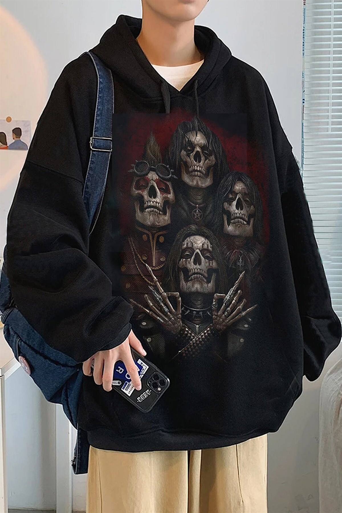 Touz Ön Arka Baskı Gothic Metal Skeleton Unisex Hoodie